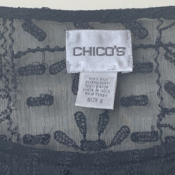 Chico’s | Black Silk Beaded Sheer Bell Sleeve Textured Embroidered Tunic Top 2 M - Picture 4 of 17